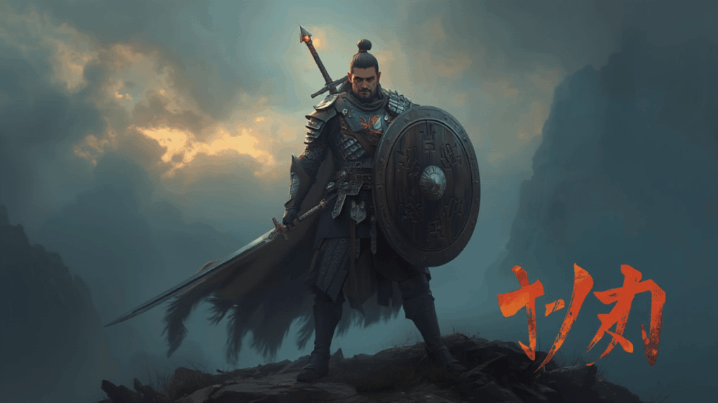 3つの異なる武器（剣、盾、杖）を持つ戦士