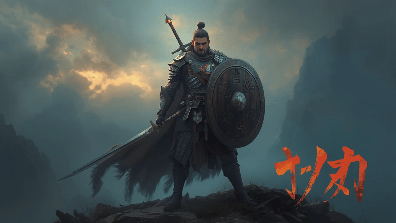 3つの異なる武器（剣、盾、杖）を持つ戦士