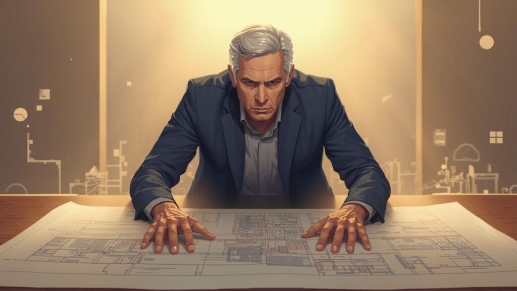 設計図を広げる経営者