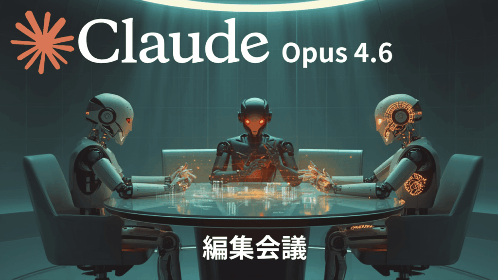 会議室で激論を交わす3体のAIロボット