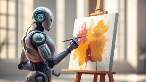 絵筆を持ったロボットとキャンバス