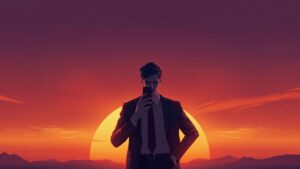 スマホに話しかける営業マンと夕日