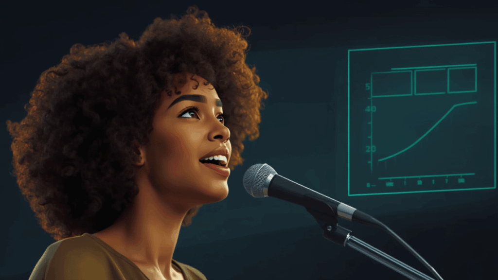 マイクに向かって話す人と採点パネル