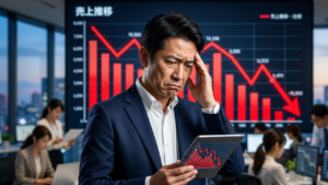 下降するグラフと困り顔のリーダー