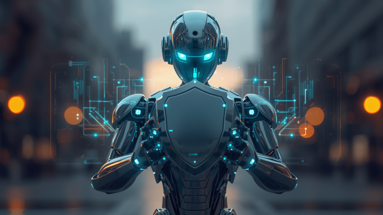 盾を構えて顧客を守るAIロボットの図