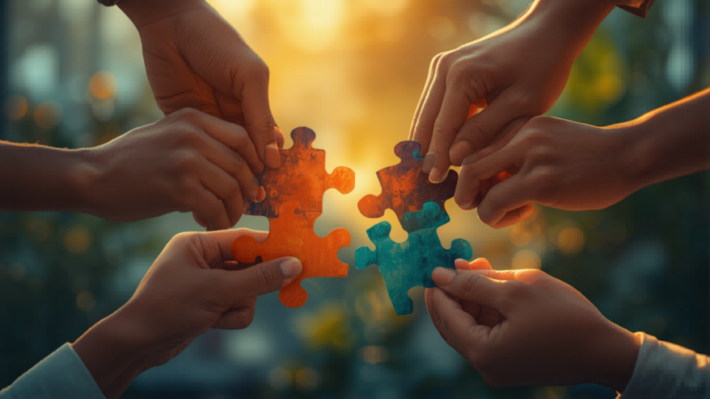 パズルを組み合わせる手とチーム