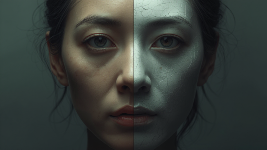 本物と偽物の顔が半分ずつ合わさった不気味な映像