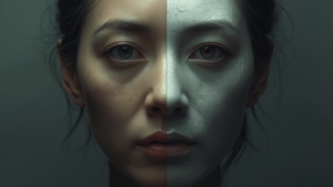 本物と偽物の顔が半分ずつ合わさった不気味な映像