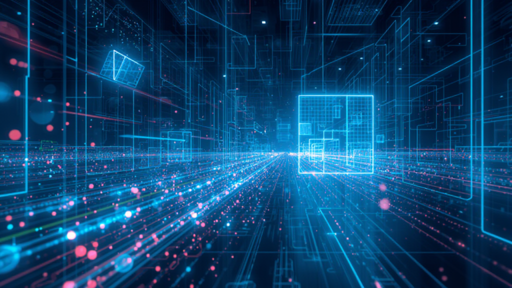 仮想空間の部屋でデータが飛び交うイラスト