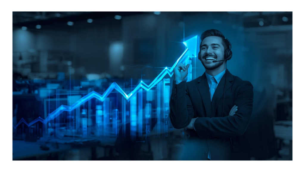 Japanese salesperson wearing a headset, speaking into a microphone, with performance graphs showing upward trends floating around them, energetic atmosphere, call center setting / ヘッドセット姿の日本人営業マンが電話中、周囲に上昇するグラフが浮かぶ、エネルギッシュな雰囲気