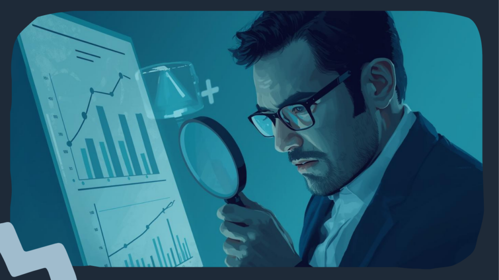 Japanese businessman holding a magnifying glass examining an AI-generated comparison chart, subtle warning icons floating, professional analytical atmosphere, cool-toned lighting / 虫眼鏡でAI生成の比較表を精査する日本人ビジネスマン、警告アイコンが薄く浮かぶ、分析的な雰囲気