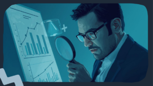 Japanese businessman holding a magnifying glass examining an AI-generated comparison chart, subtle warning icons floating, professional analytical atmosphere, cool-toned lighting / 虫眼鏡でAI生成の比較表を精査する日本人ビジネスマン、警告アイコンが薄く浮かぶ、分析的な雰囲気
