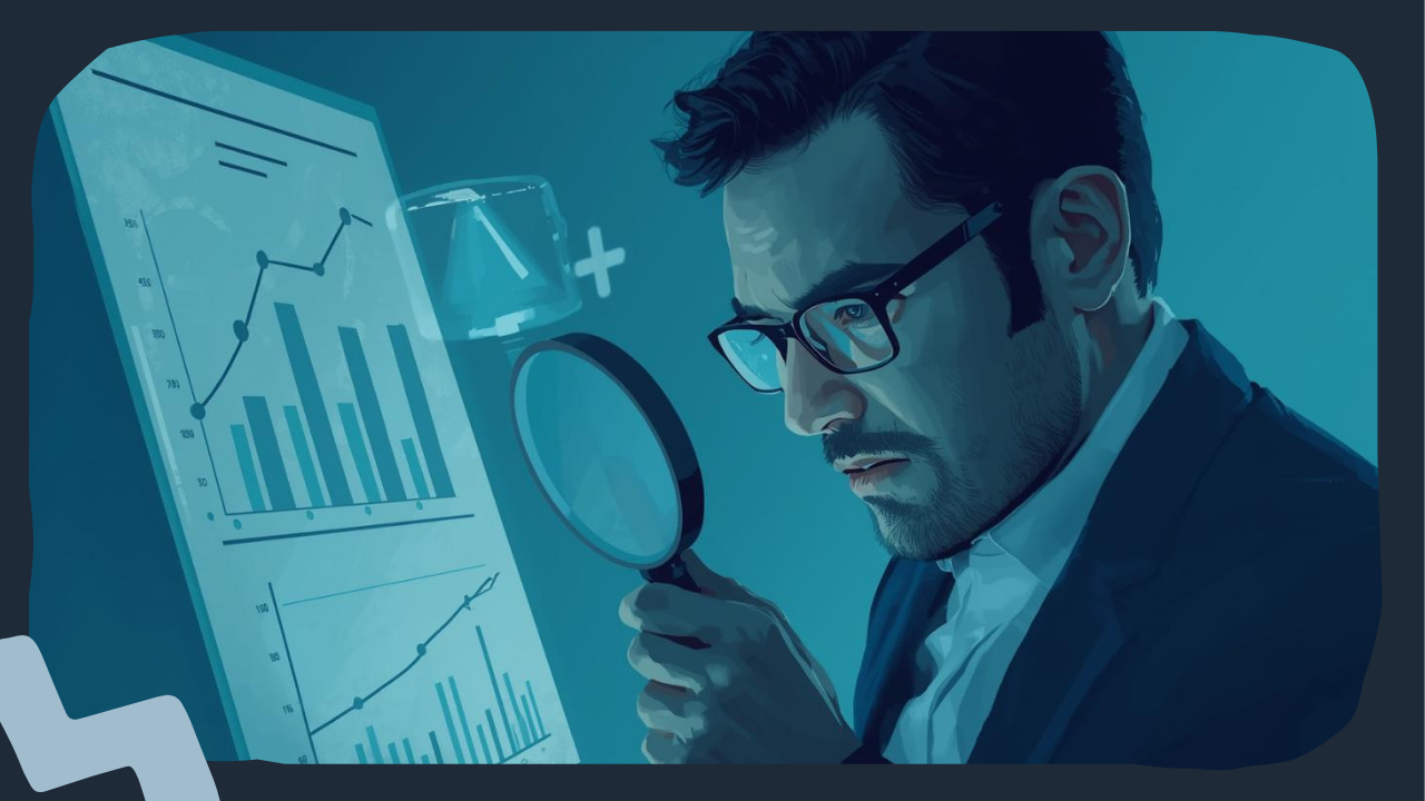 Japanese businessman holding a magnifying glass examining an AI-generated comparison chart, subtle warning icons floating, professional analytical atmosphere, cool-toned lighting / 虫眼鏡でAI生成の比較表を精査する日本人ビジネスマン、警告アイコンが薄く浮かぶ、分析的な雰囲気