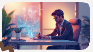 Japanese salesperson typing a daily report on a tablet, with an AI coach hologram providing feedback bubbles, warm encouraging atmosphere, modern office setting / タブレットで日報を書く日本人営業マン、AIコーチのホログラムがフィードバックの吹き出しを提示、温かく励ますような雰囲気