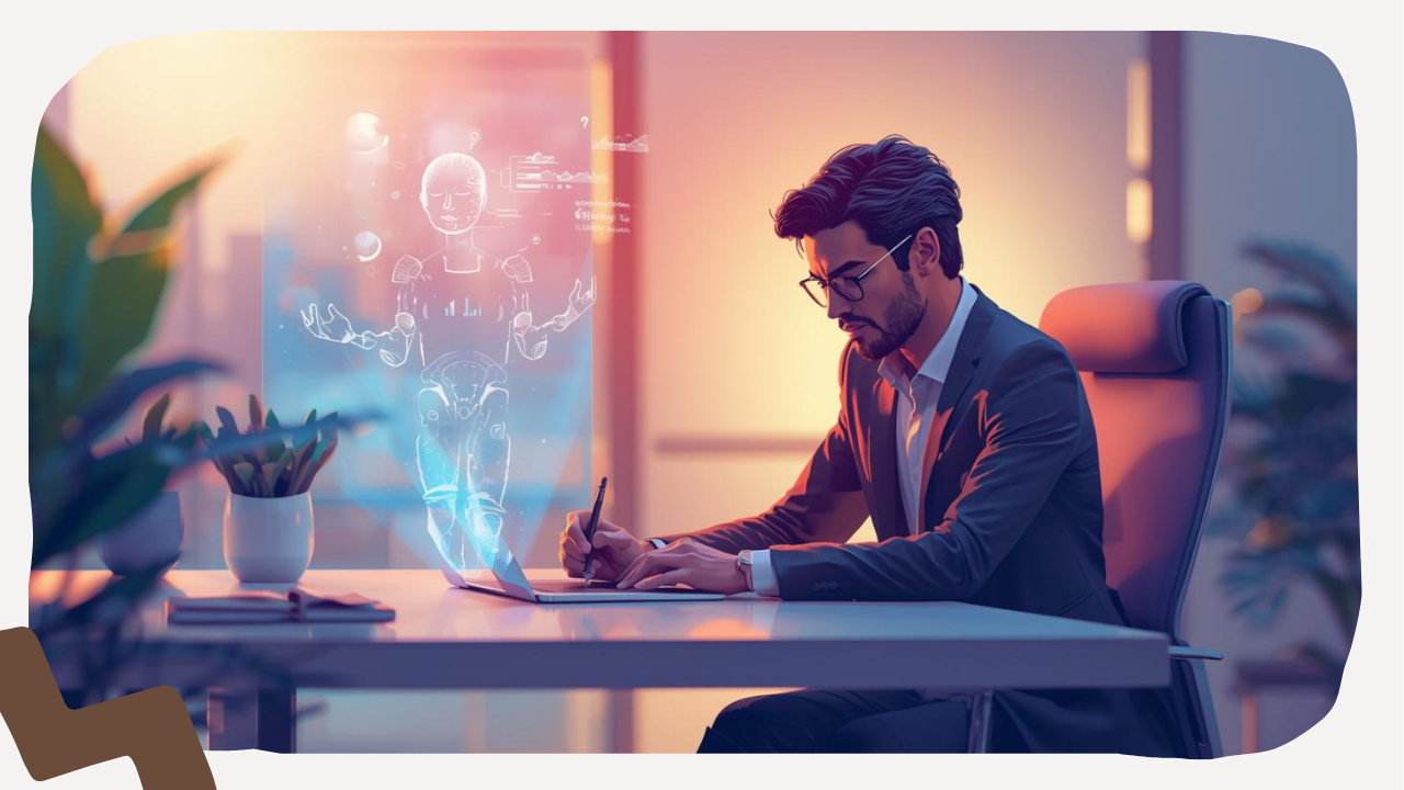 Japanese salesperson typing a daily report on a tablet, with an AI coach hologram providing feedback bubbles, warm encouraging atmosphere, modern office setting / タブレットで日報を書く日本人営業マン、AIコーチのホログラムがフィードバックの吹き出しを提示、温かく励ますような雰囲気