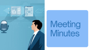 Flowchart-style illustration showing a microphone recording, then arrows to AI processing icons, ending in a clean document, Japanese businessman observing with satisfaction, clean infographic style / マイク→AI処理アイコン→完成した議事録、のフローチャート、横で満足げに見守る日本人営業マン