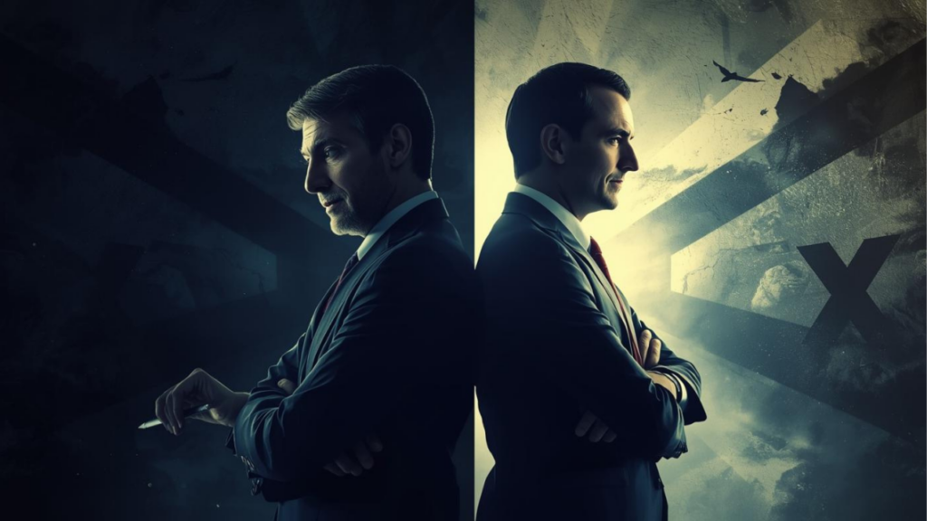 Two Japanese salesmen standing back-to-back, left one looking defeated in shadow, right one looking confident with digital light effects around him, dramatic lighting, cinematic composition / 背中合わせの2人の日本人営業マン、左は影の中で落胆、右はデジタルの光を纏って自信満々、ドラマチックな照明