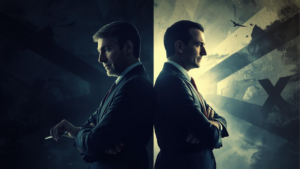 Two Japanese salesmen standing back-to-back, left one looking defeated in shadow, right one looking confident with digital light effects around him, dramatic lighting, cinematic composition / 背中合わせの2人の日本人営業マン、左は影の中で落胆、右はデジタルの光を纏って自信満々、ドラマチックな照明
