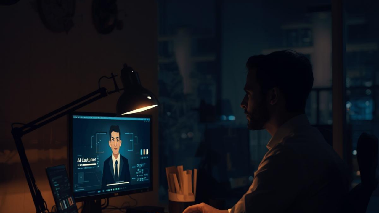Japanese salesman practicing alone at his desk late at night, facing a laptop with an AI avatar customer on screen, focused intense expression, warm desk lamp lighting / 深夜のデスクで1人練習する日本人営業マン、PC画面にAI顧客アバター、真剣な表情、暖色のデスクランプ