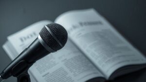 インタビューマイクと完成記事のイメージ