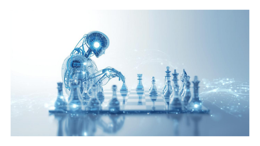 Japanese businessman in deep conversation with an AI entity visualized as glowing light, chess-like strategic atmosphere, thoughtful composition, warm and cool tones blending / AIを光のエンティティとして可視化し、深く対話する日本人営業マン、将棋や囲碁のような戦略的雰囲気