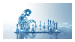 Japanese businessman in deep conversation with an AI entity visualized as glowing light, chess-like strategic atmosphere, thoughtful composition, warm and cool tones blending / AIを光のエンティティとして可視化し、深く対話する日本人営業マン、将棋や囲碁のような戦略的雰囲気