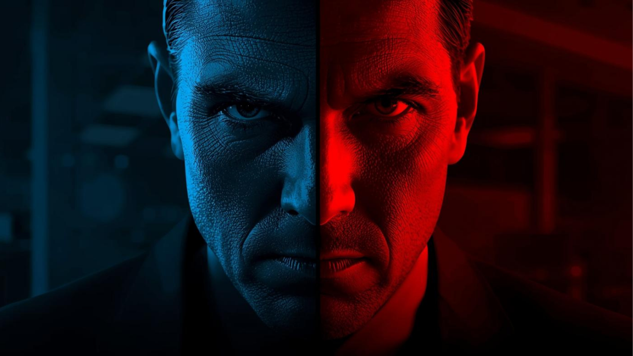 Japanese salesperson facing a stern AI-generated customer avatar on a split screen, tension in the air, dramatic blue and red lighting contrast, intense training atmosphere / 分割画面で厳しい表情のAI顧客アバターと対峙する日本人営業マン、青と赤のコントラスト照明、緊張感