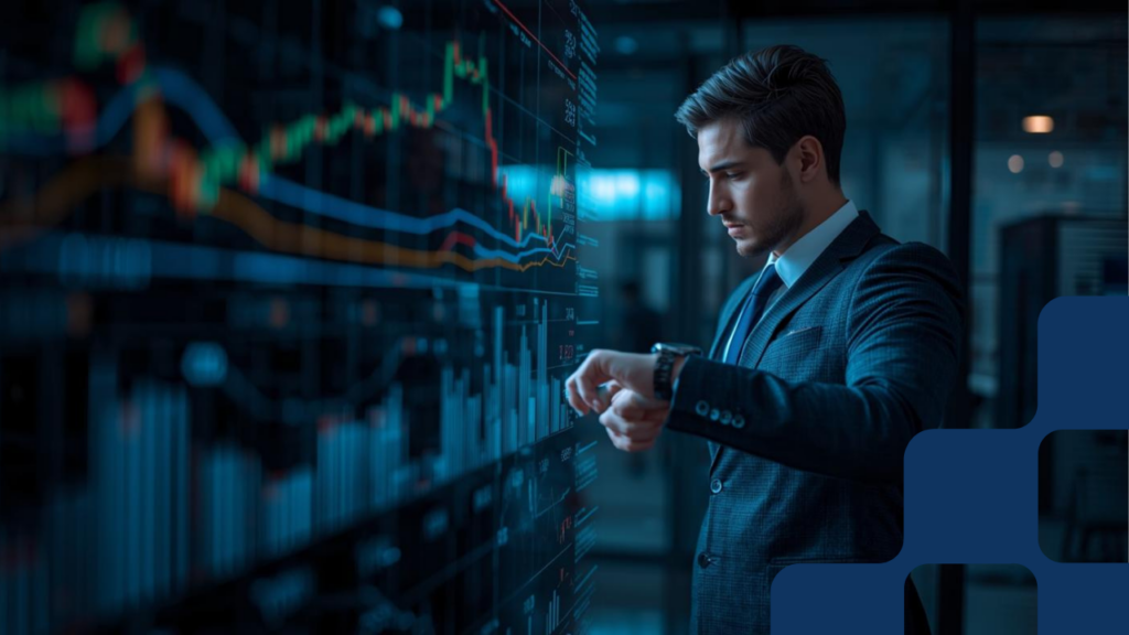 Japanese businessman checking his watch while an AI assistant visualizes company financial data on a transparent screen in front of him, modern office, blue and white color scheme / 時計を確認する日本人営業マンの前に、透明スクリーンでAIが企業財務データを可視化