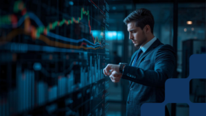 Japanese businessman checking his watch while an AI assistant visualizes company financial data on a transparent screen in front of him, modern office, blue and white color scheme / 時計を確認する日本人営業マンの前に、透明スクリーンでAIが企業財務データを可視化
