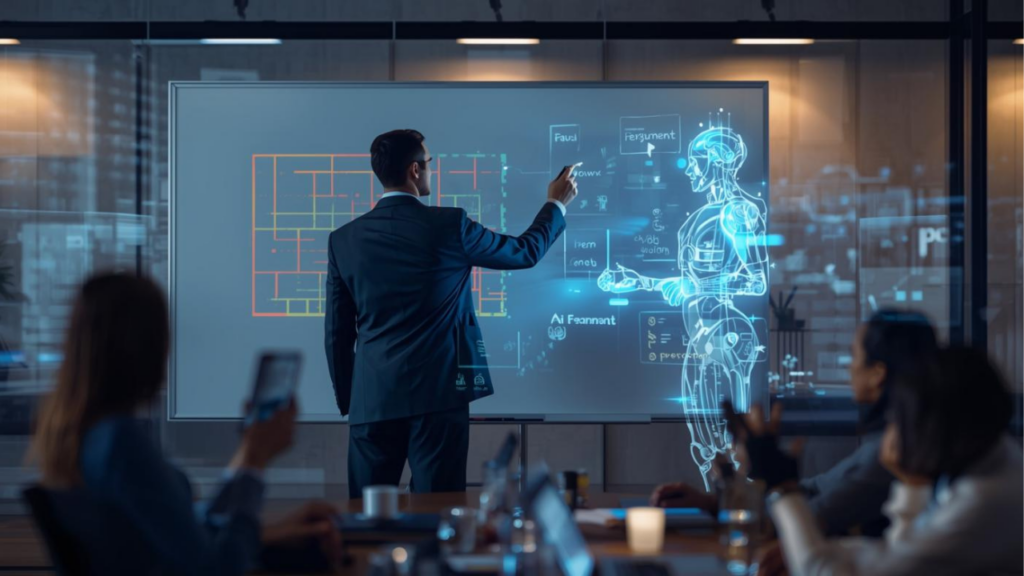 Japanese businessman sketching a proposal outline on a whiteboard while an AI hologram suggests structure on the side, collaborative atmosphere, modern meeting room / ホワイトボードに提案書の骨組みを描く日本人営業マン、横でAIのホログラムが構成を提案、協業的な雰囲気