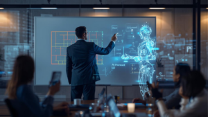 Japanese businessman sketching a proposal outline on a whiteboard while an AI hologram suggests structure on the side, collaborative atmosphere, modern meeting room / ホワイトボードに提案書の骨組みを描く日本人営業マン、横でAIのホログラムが構成を提案、協業的な雰囲気