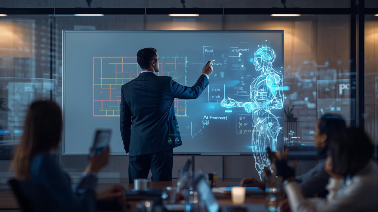 Japanese businessman sketching a proposal outline on a whiteboard while an AI hologram suggests structure on the side, collaborative atmosphere, modern meeting room / ホワイトボードに提案書の骨組みを描く日本人営業マン、横でAIのホログラムが構成を提案、協業的な雰囲気