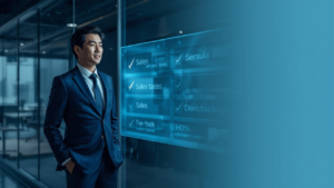 A confident Japanese businessman in a navy suit standing in front of a large holographic table listing various sales tasks with checkmarks, office setting with soft blue lighting, photorealistic, professional atmosphere / 紺スーツの日本人ビジネスマンが、営業業務一覧のホログラム表の前に立つ
