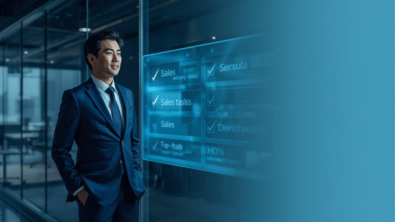 A confident Japanese businessman in a navy suit standing in front of a large holographic table listing various sales tasks with checkmarks, office setting with soft blue lighting, photorealistic, professional atmosphere / 紺スーツの日本人ビジネスマンが、営業業務一覧のホログラム表の前に立つ