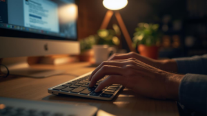 Hand typing on a keyboard with an email interface on screen, AI suggestion bubbles floating above showing different tone options, soft warm lighting, professional Japanese office / キーボードを打つ手元、画面にメール画面、その上にAIが異なるトーンの候補を吹き出しで表示