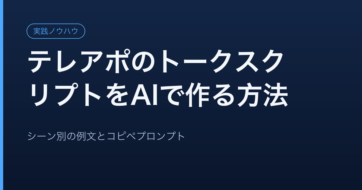 テレアポのトークスクリプトをAIで作成する営業担当者と、シーン別のトーク構成を示すイメージ